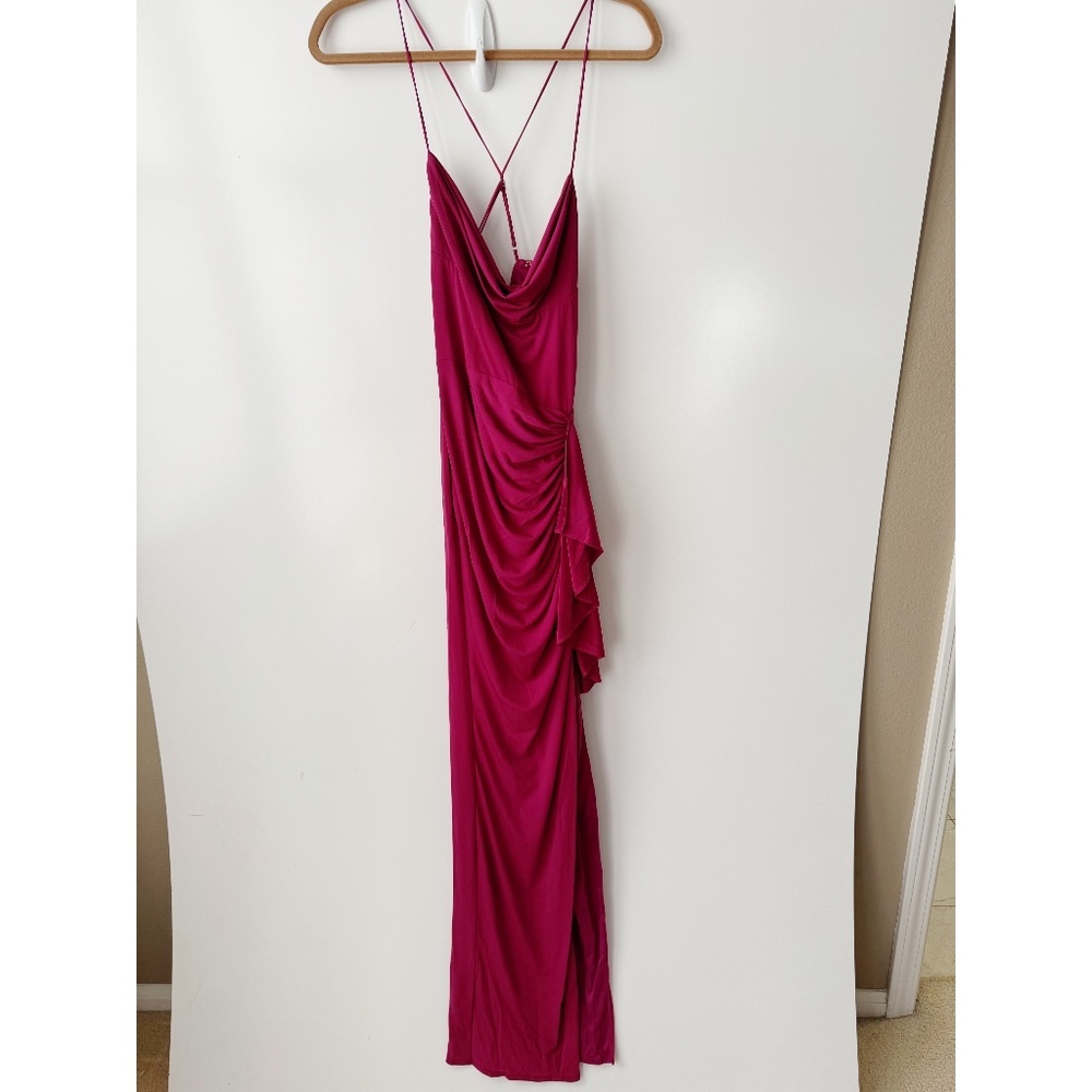 NWT Katie May So Juicy Maxi Dress Cowl Neck Ruched Side Slit Pink Peacock M - Picture 2 of 6